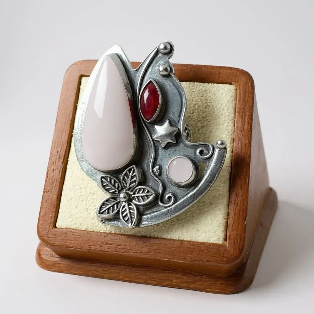Boho Bloom Ring – Rose Quartz & Garnet Floral Statement Size 8 New *